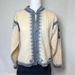 Dale of Norway Cream & Blue Pure Wool Cardigan Vintage 90s Boho Nordic Knit 🧵